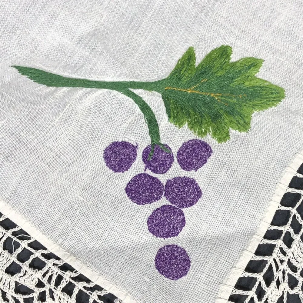 Vintage Small Table Topper Linens Square Purple Grapes Red Flowers Crochet Edge